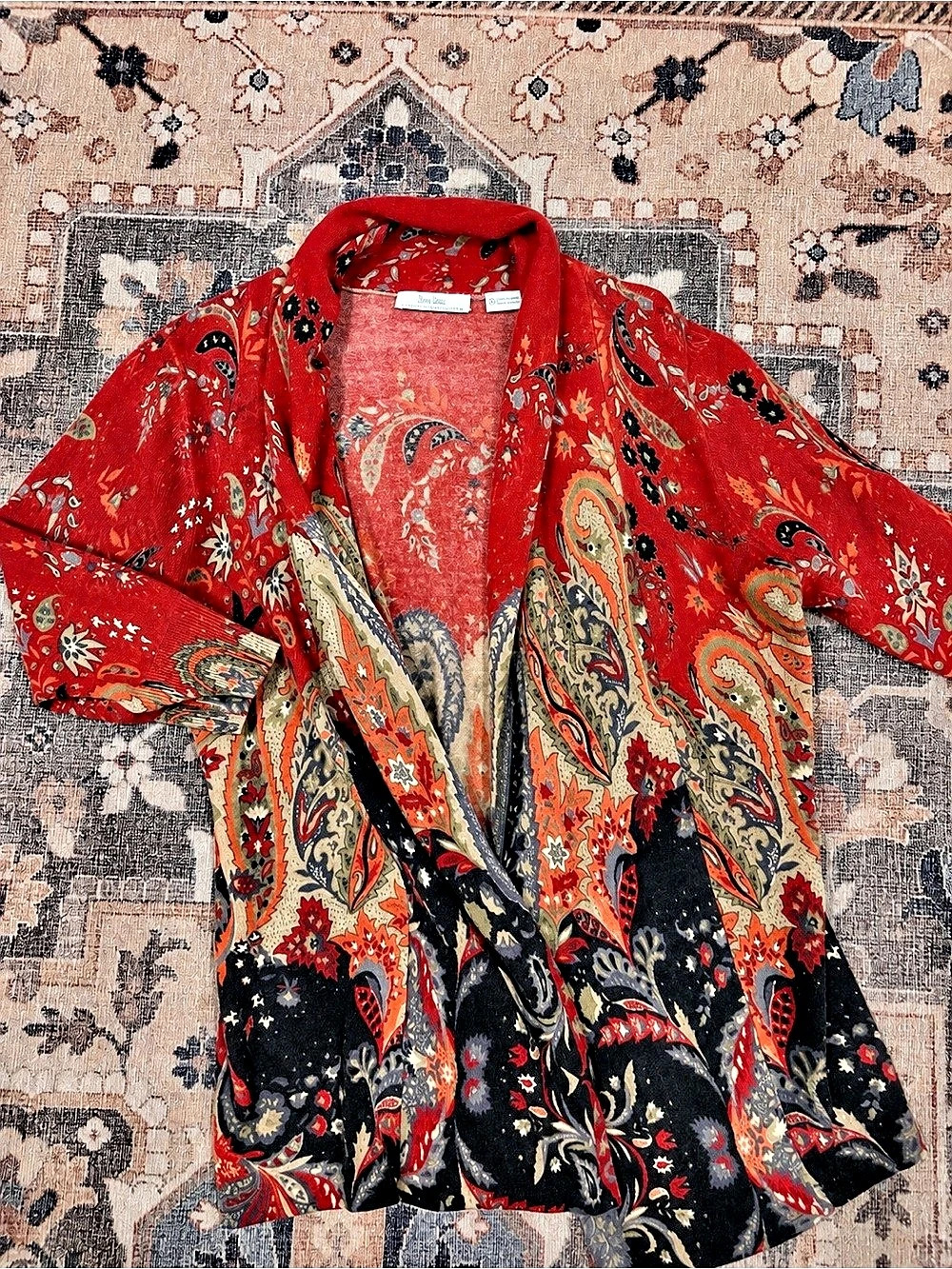 Neiman Marcus 100% Cashmere Paisley Cardigan Sweater XL Boho Artsy